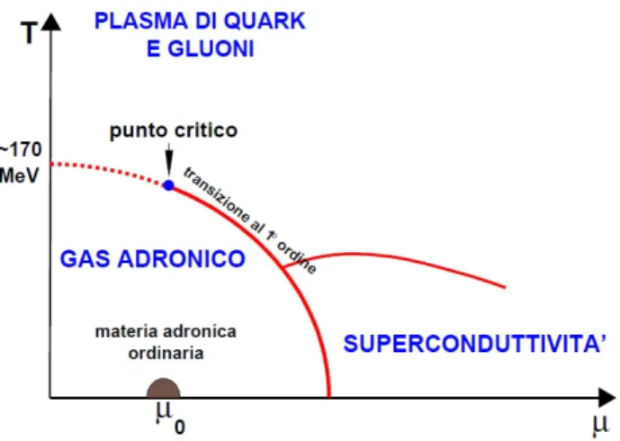 Figura 1.5 riportiamo il diagramma di fase della materia fortemente intera- intera-gente 2 come funzione della temperatura T (sull’asse delle ordinate) e del potenziale bariochimico 3 µ (sull’asse delle ascisse)