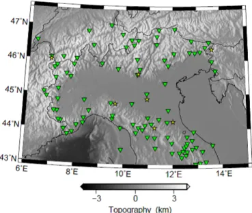 Figura 2.5: Mappa del set di stazioni (indicate dai triangoli verdi) e degli eventi sismici presi come esempio (stelle): per il confronto tra sismogramma da  terremo-to e correlogramma ` e stata scelta come stazione-epicentro quella (anche visivamente) pi`