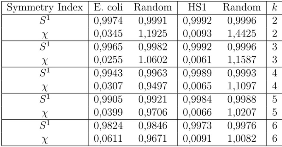 Tabella 4.1: Valori degli indici di simmetria reverse-complement S 1 e χ relativi al genoma di E.coli e al Cromosoma 1 umano