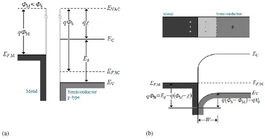 Figure 1.3: Schottky barrier between a p-type semiconductor and a metal having a smaller work function: (a) band diagrams before joining; (b) band diagrams for the junction at equilibrium