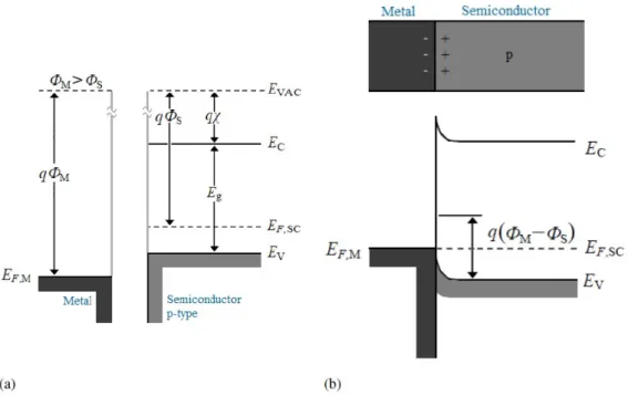 Figure 1.5: Ohmic contact between a p-type semiconductor and a metal having a greater work function: (a) band diagrams before joining; (b) the equilibrium band diagram for the junction.