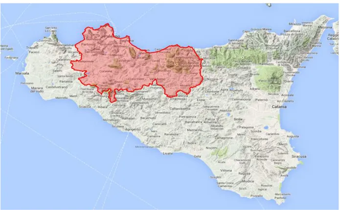 Figura 13 - Area della provincia di Palermo nel contesto regionale siciliano. Immagine elaborata con Q-GIS