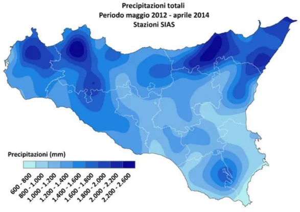 Figura 14 - Precipitazioni  aanue totali medie da Maggio 2012 ad Aprile 2014. Stazioni SIAS.