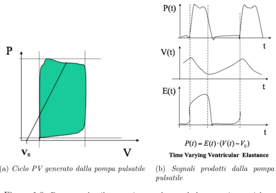Figura 1.9: Pompa pulsatile: pressione, volume ed elastanza in un ciclo.