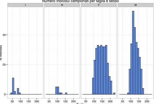 Figura  22:  Grafico  che  riporta  il  numero  di  individui  da  cui  sono  stati  estratti  gli  otoliti  per  taglia  e  separati  per  	
  