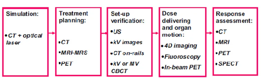 Figura  1  Rappresentazione  schematica  delle  modalità  di  imaging  utilizzate  nelle  diverse  fasi  del  trattamento  radioterapico:  tomografia  computerizzata  (TC),  immagini  di  risonanza  magnetica  (RM),  spettroscopia di risonanza magnetica (M
