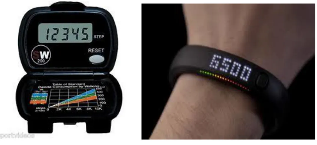 Figura 2.1: a sinistra un pedometro Digiwalker SW-200 (Yamax), mentre a destra  il contapassi della  Nike FuelBand