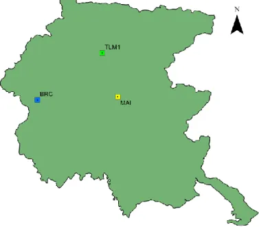 Figura 4 Localizzazione stazioni RAN di Maiano (MAI), Tolmezzo (TLM1) e Barcis (BRC) in Friuli-Venezia Giulia