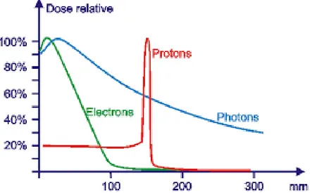 Figure 1.11: Relative dose as a function of the depth for different kinds of radiation