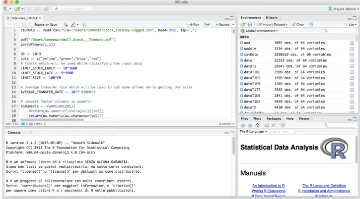 Figure 4.1: RStudio user interface [48] used for the analysis of the .csv file produced by PhEDEx.
