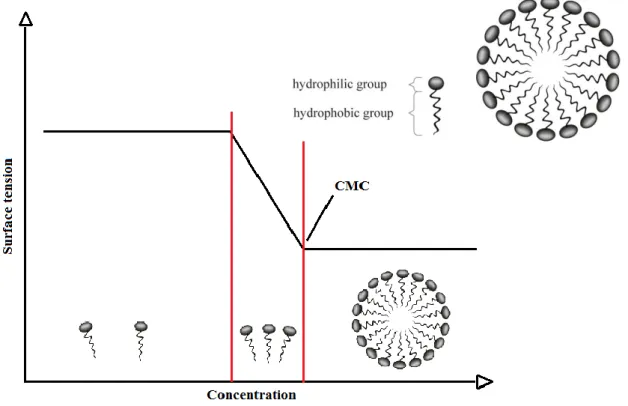 Figure 1.4.1: top, right: typical structure of a micelle  [34] . Bottom: effect of the critical micelle  concentration on the surface tension