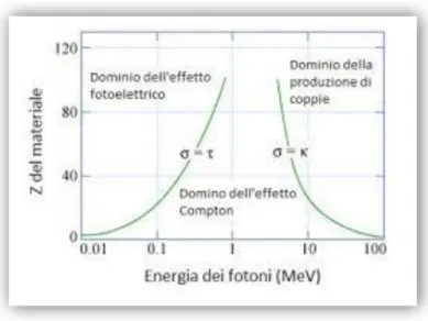 Figura 6 - Domini di predominanza degli effetti fotoelettrico, Compton e della produzione di coppie nell’interazione dei fotoni con la  materia