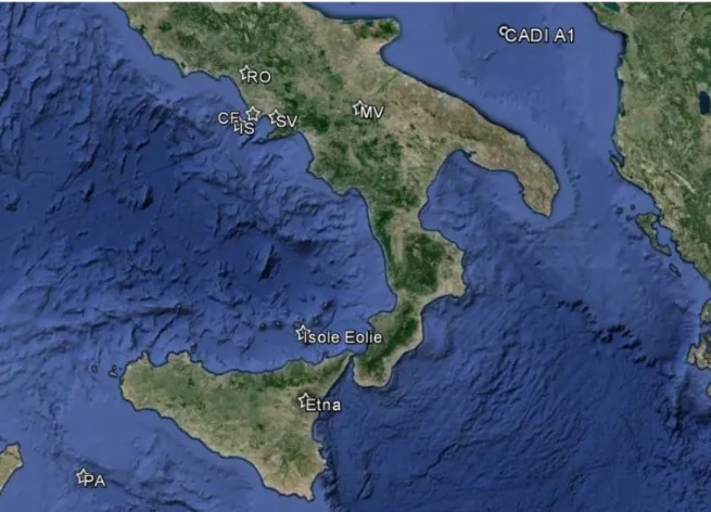 Figura 2.1 – Posizione della carota CADI A1 e dei principali centri vulcanici dell’Italia Meridionale