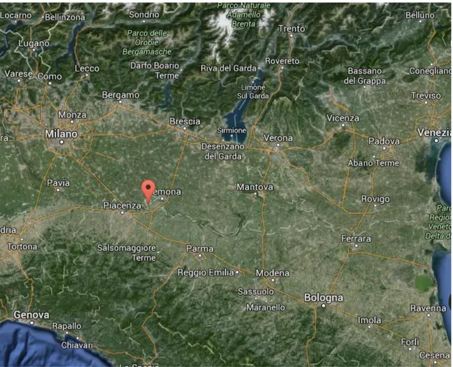 Figura  2 - Veduta satellitare della pianura Padana. La puntina rossa indica il sito di Isola  Serafini (Google Earth™)