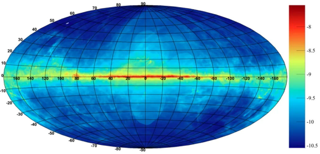 Figura 3.1: Mappa del flusso diffuso di raggi-γ misurato da Fermi-LAT all’energia di 3.4 GeV in coordinate galattiche [8]
