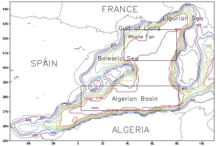 Figure 1.4: Bottom topography in the Western Mediterranean Basin. Taken from Demirov and Pinardi (2007).