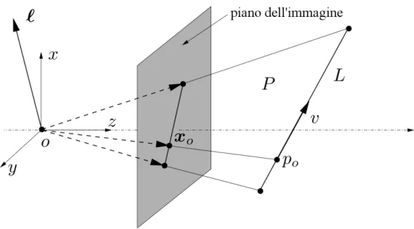 Figura 2.3: Preimmagini e coimmagini: x 0 ` e un vettore della preimmagine di p 0 ; P ` e la preimmagine della retta L e ` ` e la sua coimmagine.