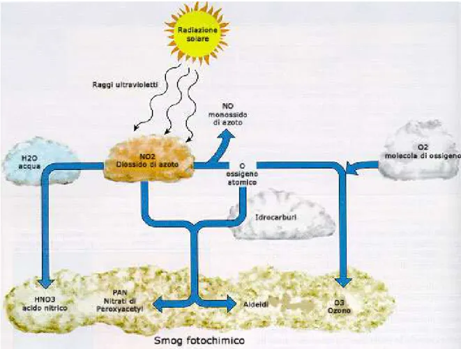 Figura  4  -  Schema  della  catena  di  reazioni  che  portano  alla  formazione  dello  smog  fotochimico- [56] 
