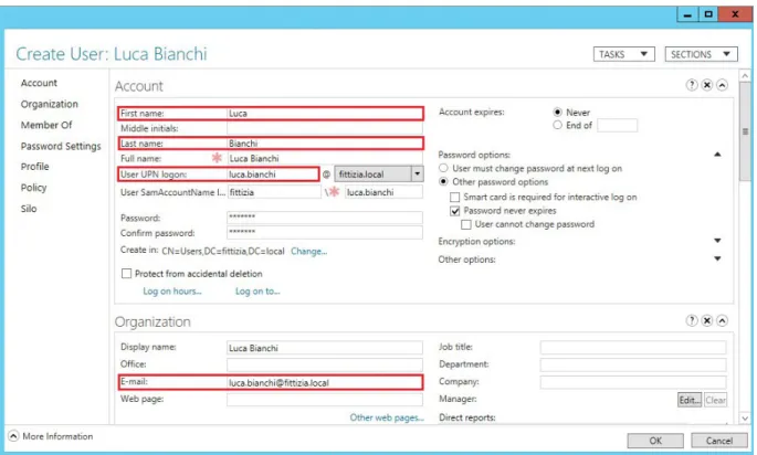 Figura 3.1.2.2   Esempio di creazione di un nuovo utente in Active Directory