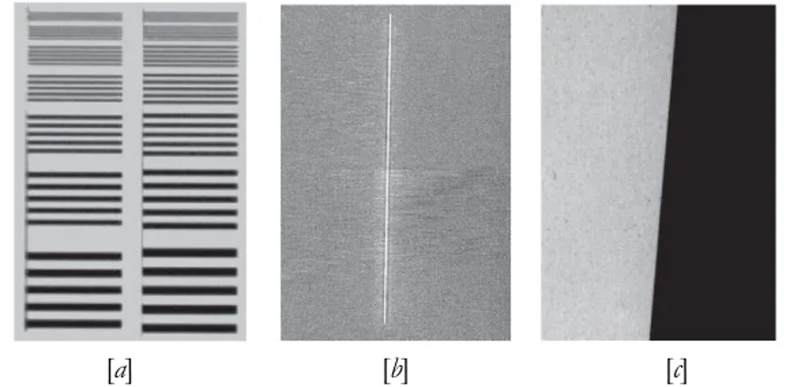 Figure 1-7: digital radiograph of a bar-pattern [a], a slit device [b] and an edge phantom [c] [13]