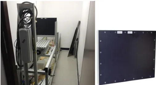Figure 2-1: radiological chain composed by the X-tube (and the generator with operator console outside the  bunker) and the flat panel detector (left); in particular, the flat panel (right)