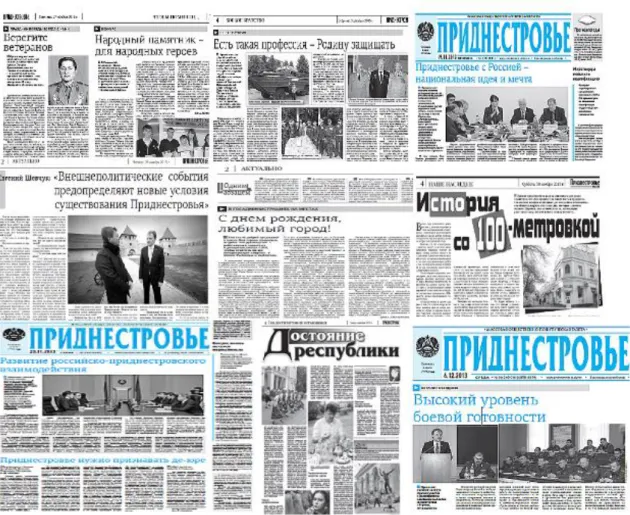Figura  5.  Stralci  del  giornale  &#34;Pridnestrov'e&#34;  (Transnistria),  edito  e  diffuso  gratuitamente  dal  Governo  fin  dal  1994