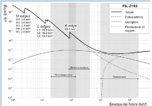 Illustrazione 4: Coefficiente di attenuazione massico del piombo in funzione dell'energia