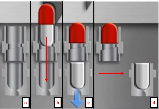 Figura  3-4:  apertura  delle  capsule.  Nell’immagine  c,  un  risucchio  apre  la  capsula; tra c e d si ha lo spostamento dei cassetti verso l’esterno