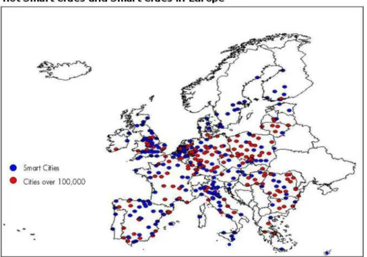 Figura 3.2: Distribuzione delle Smart City in Europa con evidenza delle città che, pur avendo le dimensioni oggetto della valutazione effettuata, ancora non lo sono [HIN]