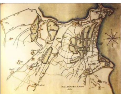 Fig. 2.5 - Pianta del territorio di Ravenna nel 1604-’05: a N il Montone e a S il Ronco  (www.borgomontone.it)