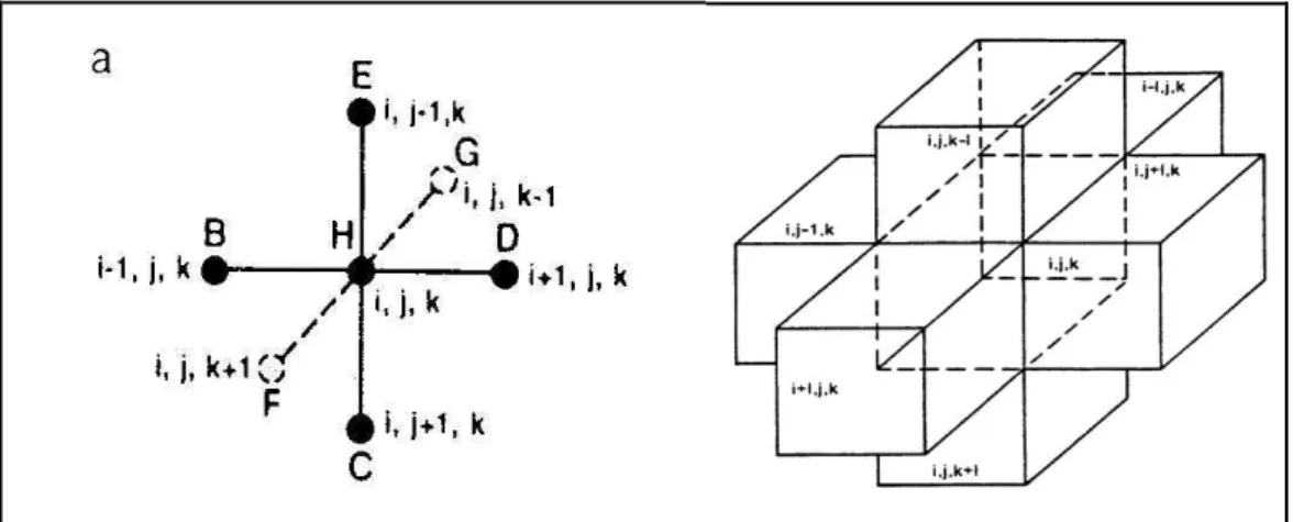 Fig. 3.5 - Nodi di riferimento di un elemento tridimensionale a differenze finite e celle  corrispondenti in cui viene discretizzato il dominio del modello.