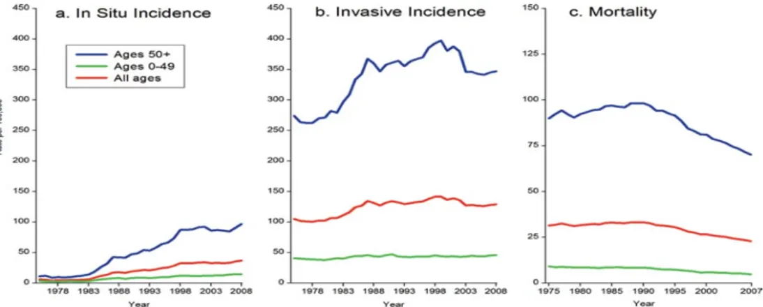 Figure 1.2: Incidence and Mortality Rates of Female Breast Cancer by Age, United States, 1975 to 2008 [3].