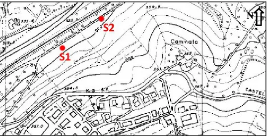 Fig. 6: Stralcio della Carta Tecnica-Topografica Regionale, in scala 1:5000. In rosso vengono ubicati i sondaggi S1 ed S2 (Fonte: Geoportale online della Regione Emilia-Romagna).