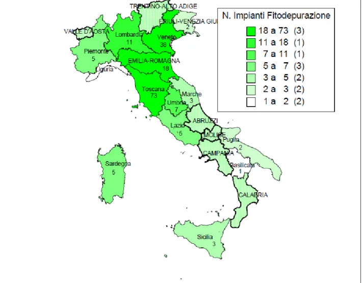 Fig. 6 - Distribuzione degli impianti di fitodepurazione sul territorio italiano [Masi, 2002]