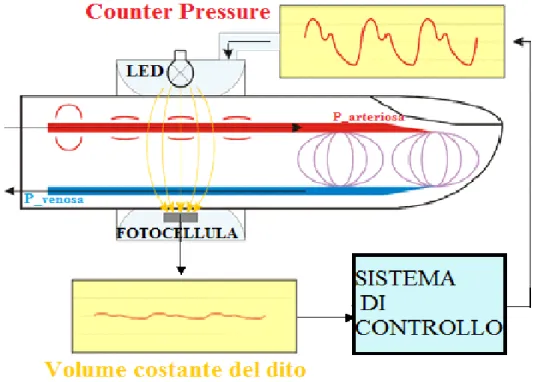 Figura 1.4: Rappresentazione del bracciale elastico a livello del dito collegato al sistema   di controllo della valvola, riprodotto da [8]