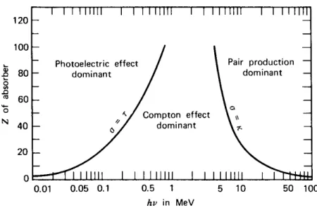 Figura 2.1: Il grafico mostra l’importanza relativa dell’effetto fotoelettrico, dell’effetto Compton e della produzione di coppie in diversi mezzi assorbenti (Z) e a diverse energie.