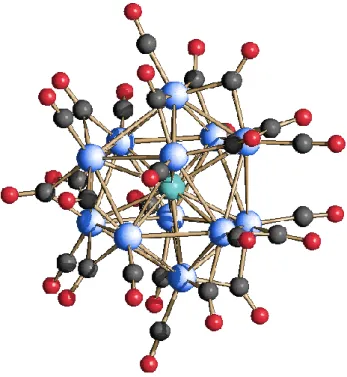 Figura 5. Struttura molecolare di [Rh 12 Bi(CO) 27 ] 3- . Gli atomi di rodio sono rappresentati in blu, l’atomo di  bismuto in azzurro, gli atomi di carbonio grigio, gli atomi di ossigeno in rosso