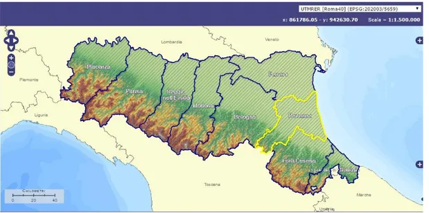 Figura 3.1: Localizzazione della Provincia di Ravenna rispetto all’estensione regionale (Servizio  Geologico, Sismico e dei Suoli della Regione Emilia Romagna, Catalogo dei dati Geografici).