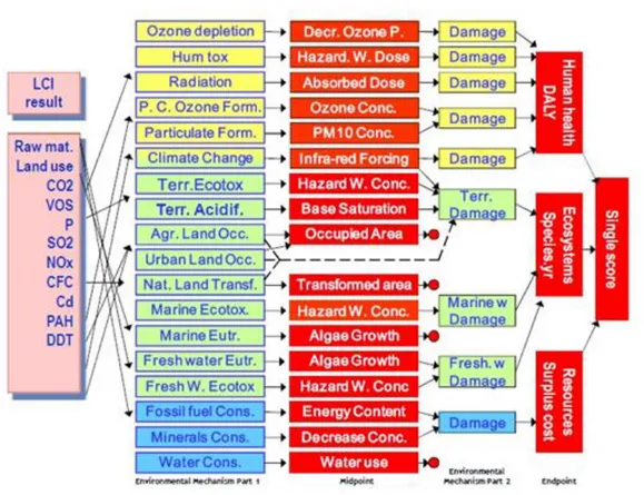 Figura 3.2: Categorie di impatto midpoint ed endpoint nel modello ReCiPe 2013 (Goedkoop et al.,2012)