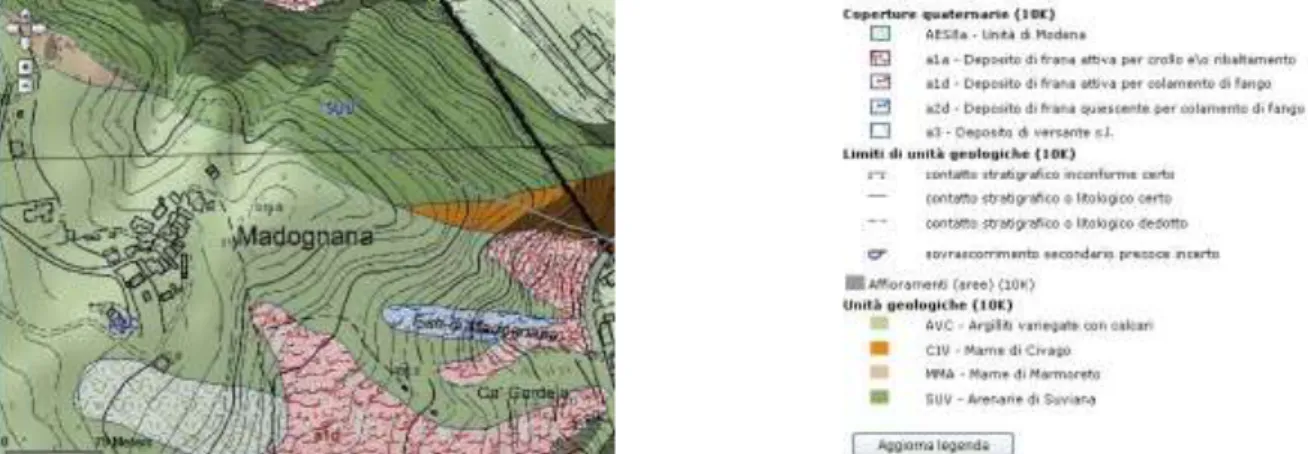 Fig 2.1 Carta geologica della zona di Madognana (estratto dalla carta geologica Emilia Romagna 1:10000