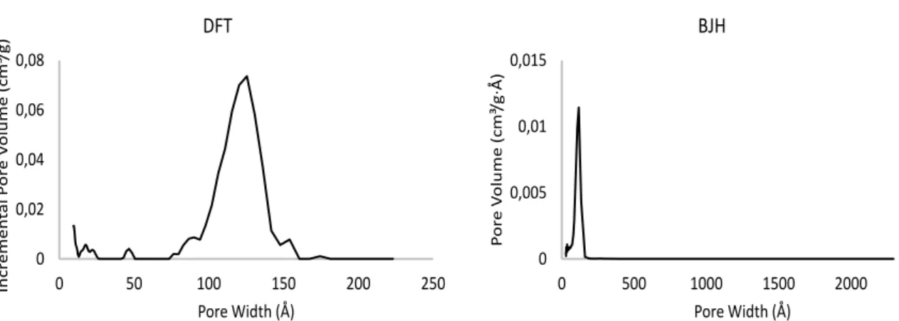 Figura 4-2: Grafici ottenuti applicando i modelli BJH e DFT raffiguranti la distribuzione dei  mesopori