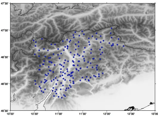 Figure 2.1. Yearbook stations in the initial data set. Tones of gray indicate altitudes of points on the map.