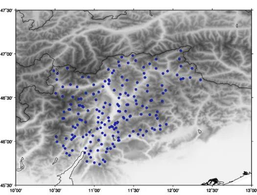 Figure 2.6. Yearbook stations whose montlhy series was calculated. Tones of gray indicate altitudes of points on the map.