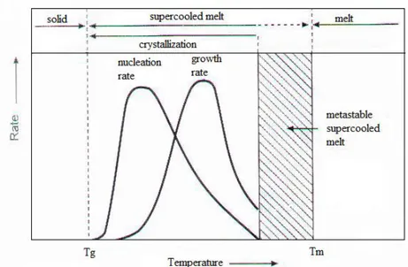 Figure 1.6 Temperature dependence of the nucleus formation rate and the crystallite growth rate on  cooling from the melt