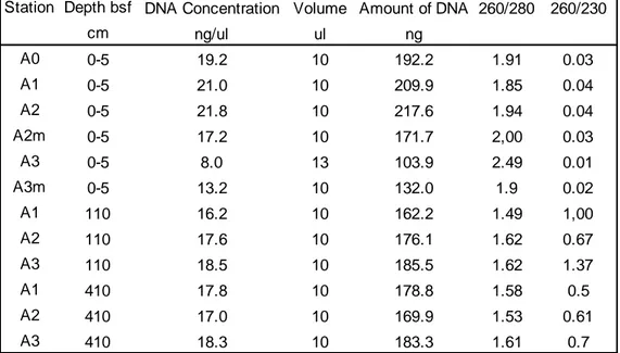 Table 3.3. Table that reports DNA concentrations, volume, amount and 260/280 and 260/230 ratios of DNA  samples that were shipped for the amplification