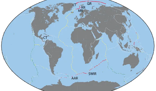 Figure 1.2. . The global ridge system. In grey are the global plate boundaries; in green the fast spreading  ridges (spreading rate of 80-100 mm/yr); in red the ultraslow spreading ridges (spreading rate lower than 20  mm/yr); and in yellow all the other r