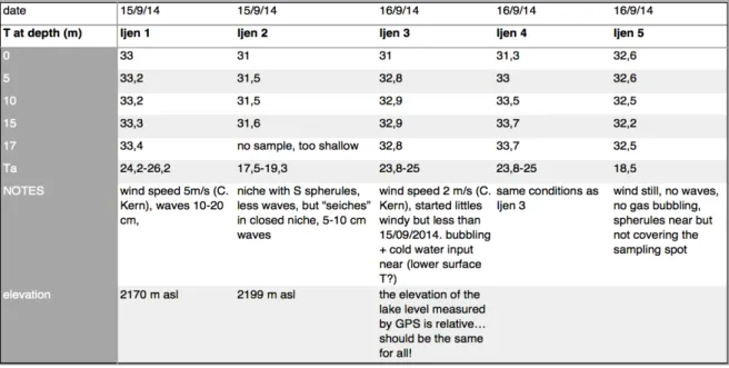 Tabella 1. Temperatura misurata in °C rispetto alla profondità (0-17cm) ed osservazioni in sito