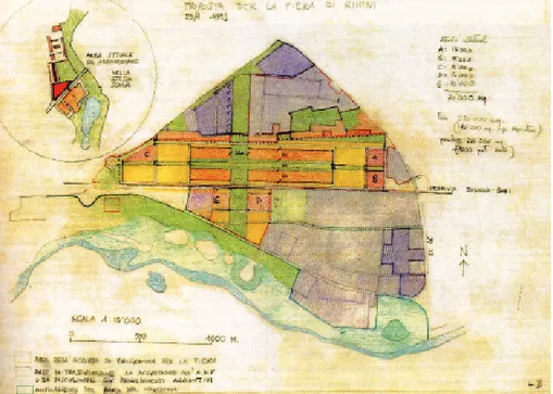 Fig. 8. Planimetria della localizzazione  della  nuova Fiera, dal progetto di  Benevolo (a fianco).