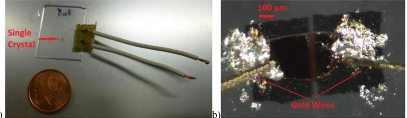 Figure 3.2: a) Image of a complete sample and b) enlargement of the crystal area, where it is possible to identify the  gold wires