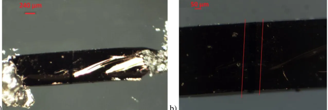 Figure 4.2: image of the TIPSSC_01 sample with gold electrodes: a) whole crystal and b) channel region